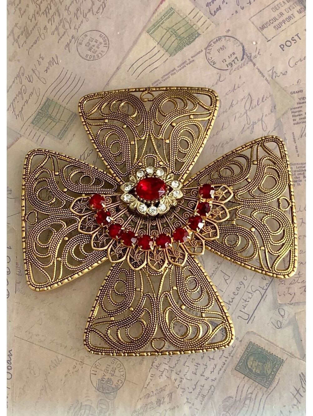 Handmade Magnet Brooch w Swarovski Crystals Elegant Gold Filigree Cross Brooch